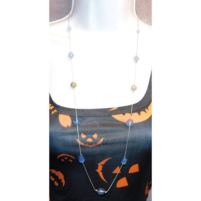 Blue Glass Station Necklace On Silver Tone Chain