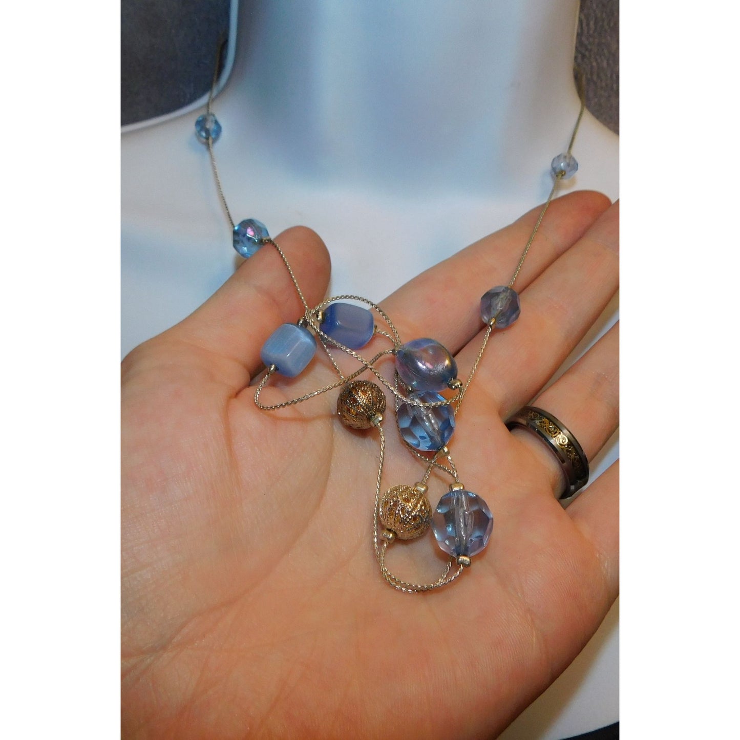 Blue Glass Station Necklace On Silver Tone Chain