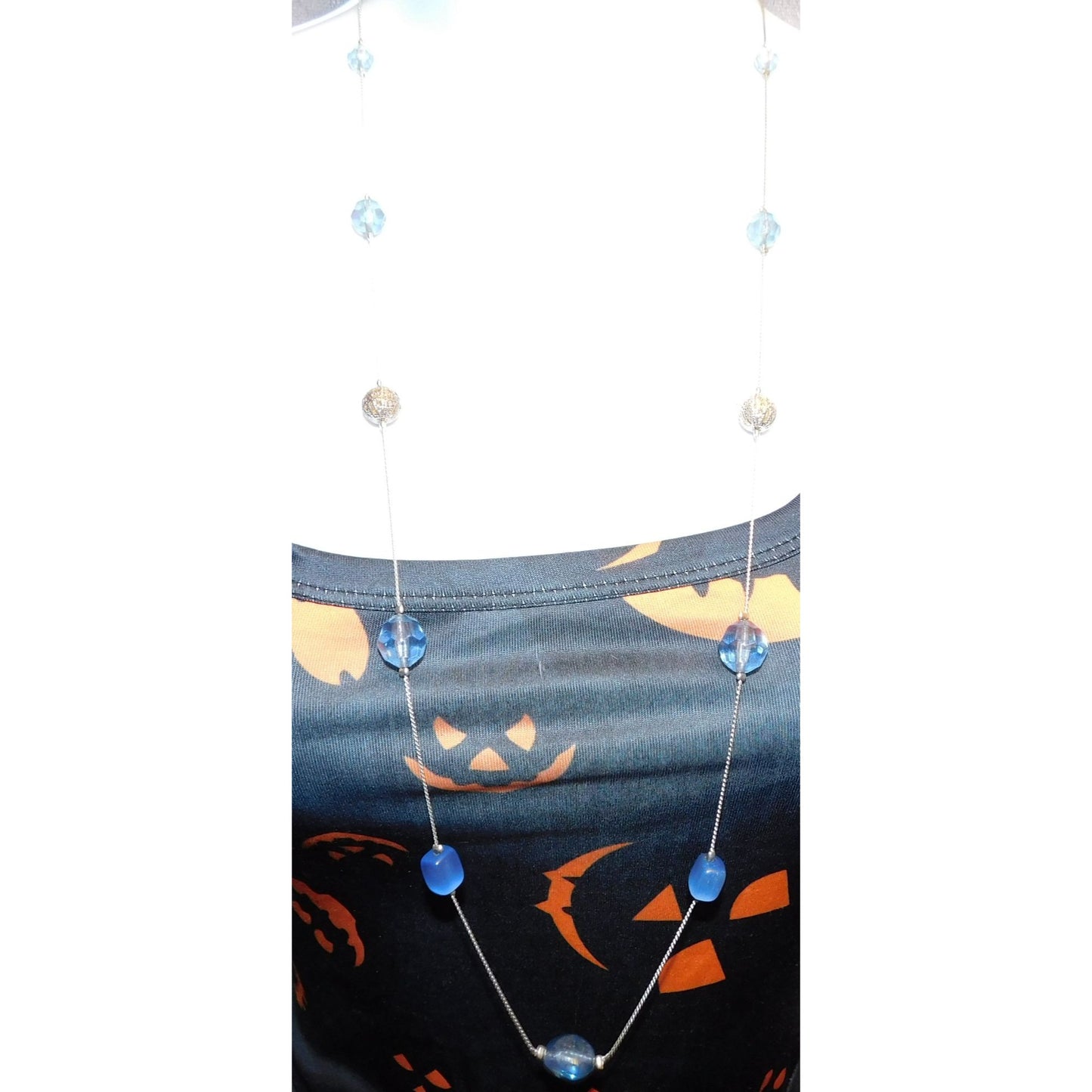 Blue Glass Station Necklace On Silver Tone Chain