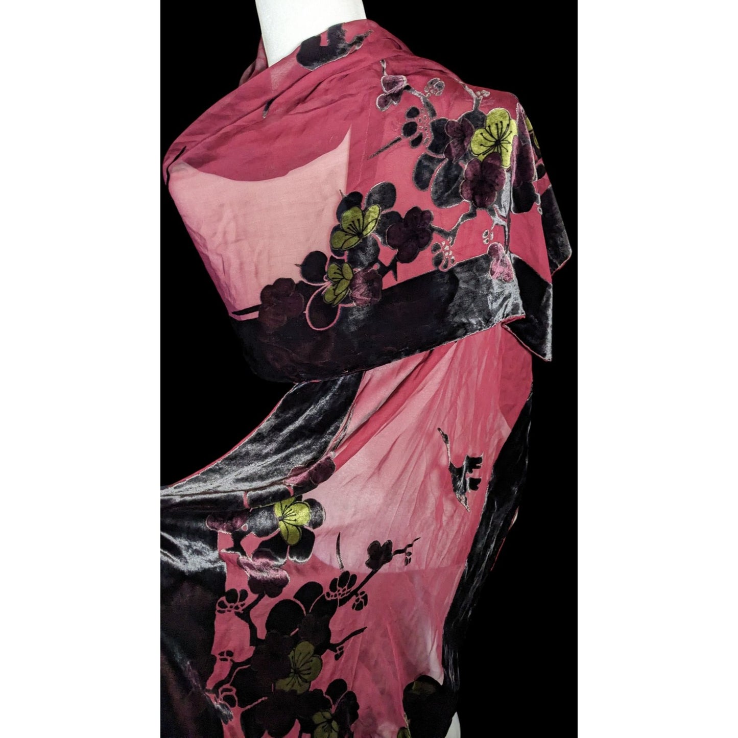 JJ Collection Elegant Romantic Red And Black Velvet Burnout Scarf With Florals And Cranes
