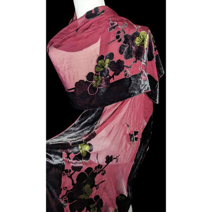 JJ Collection Elegant Romantic Red And Black Velvet Burnout Scarf With Florals And Cranes