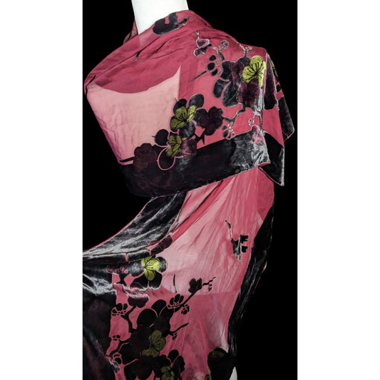 JJ Collection Elegant Romantic Red And Black Velvet Burnout Scarf With Florals And Cranes