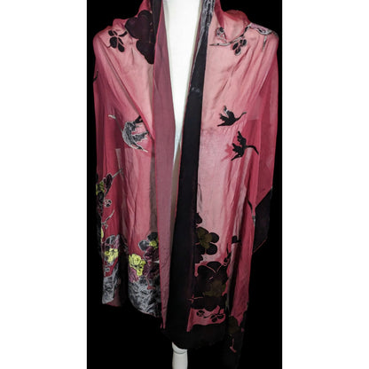 JJ Collection Elegant Romantic Red And Black Velvet Burnout Scarf With Florals And Cranes