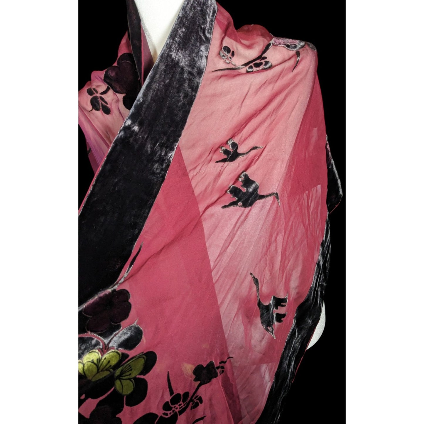JJ Collection Elegant Romantic Red And Black Velvet Burnout Scarf With Florals And Cranes