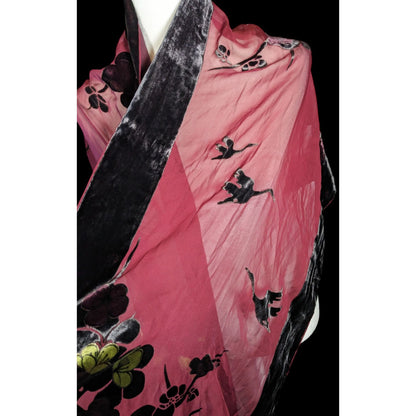JJ Collection Elegant Romantic Red And Black Velvet Burnout Scarf With Florals And Cranes