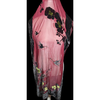 JJ Collection Elegant Romantic Red And Black Velvet Burnout Scarf With Florals And Cranes