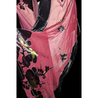 JJ Collection Elegant Romantic Red And Black Velvet Burnout Scarf With Florals And Cranes
