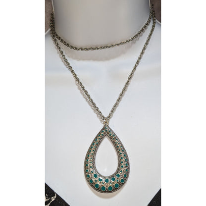 Turquoise Teardrop Pendant Necklace Silver Tone Boho Southwestern Statement Jewelr