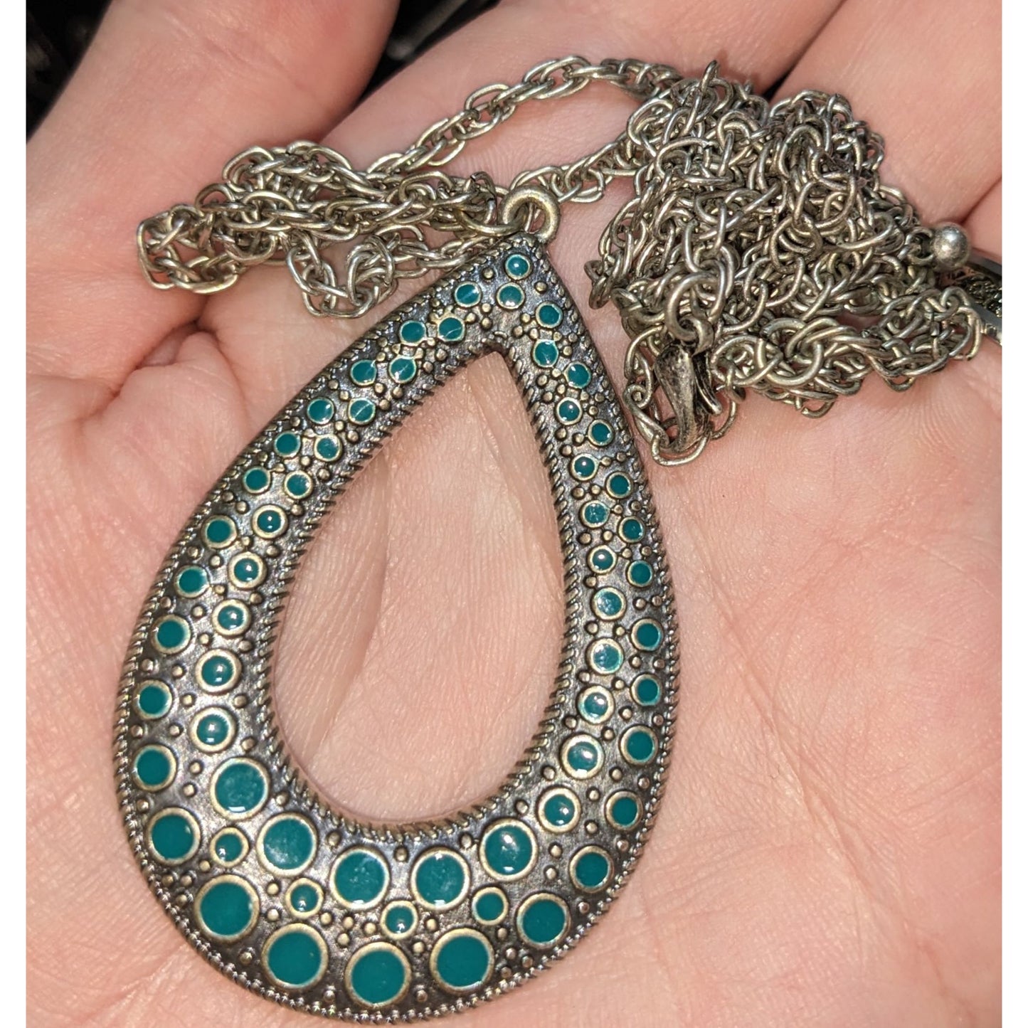 Turquoise Teardrop Pendant Necklace Silver Tone Boho Southwestern Statement Jewelr