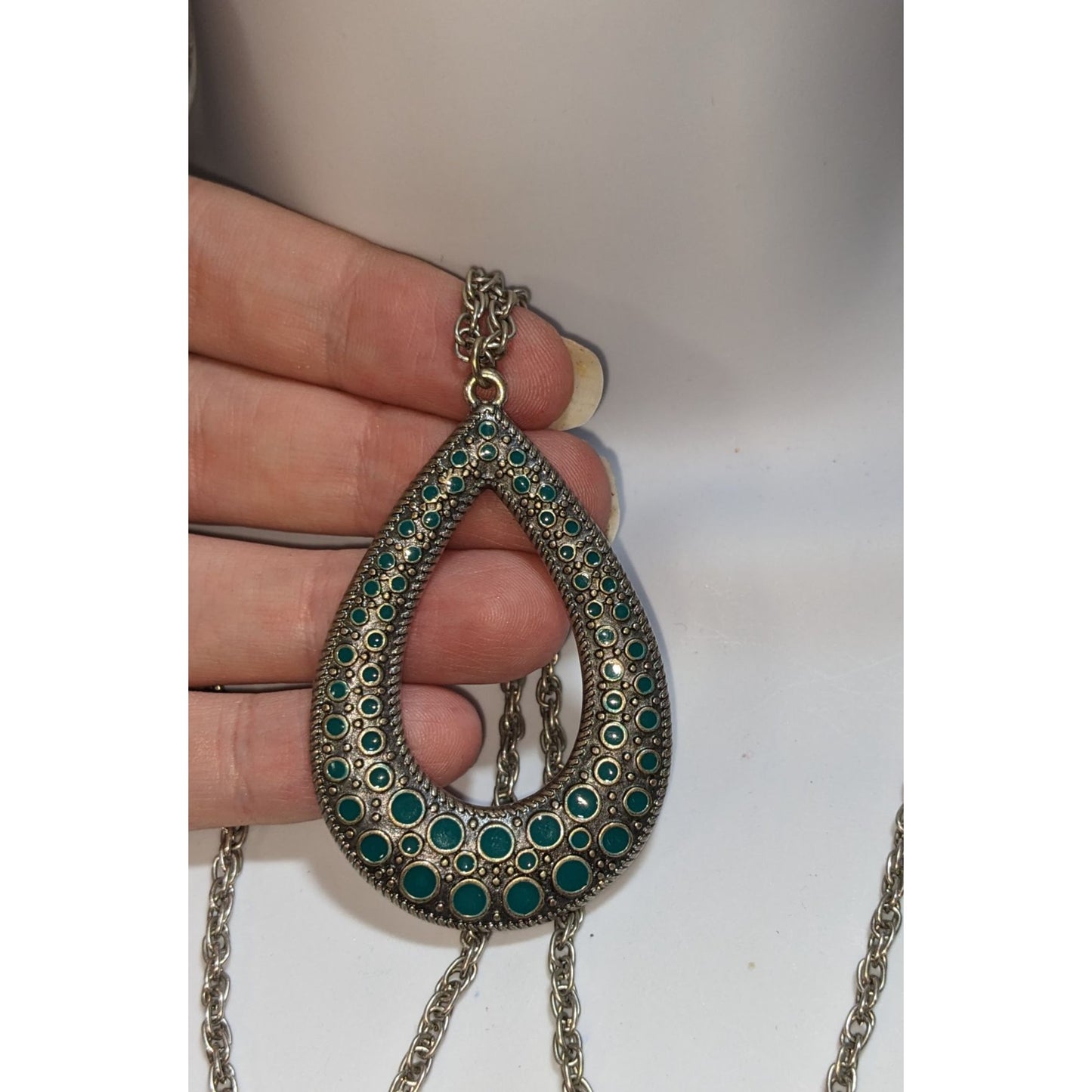 Turquoise Teardrop Pendant Necklace Silver Tone Boho Southwestern Statement Jewelr