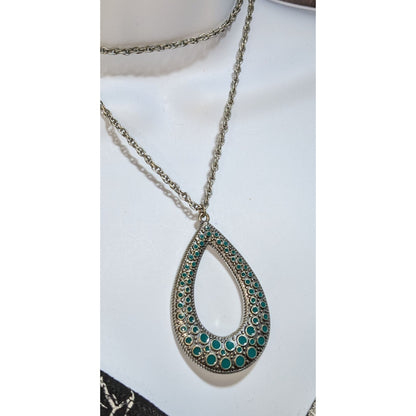 Turquoise Teardrop Pendant Necklace Silver Tone Boho Southwestern Statement Jewelr