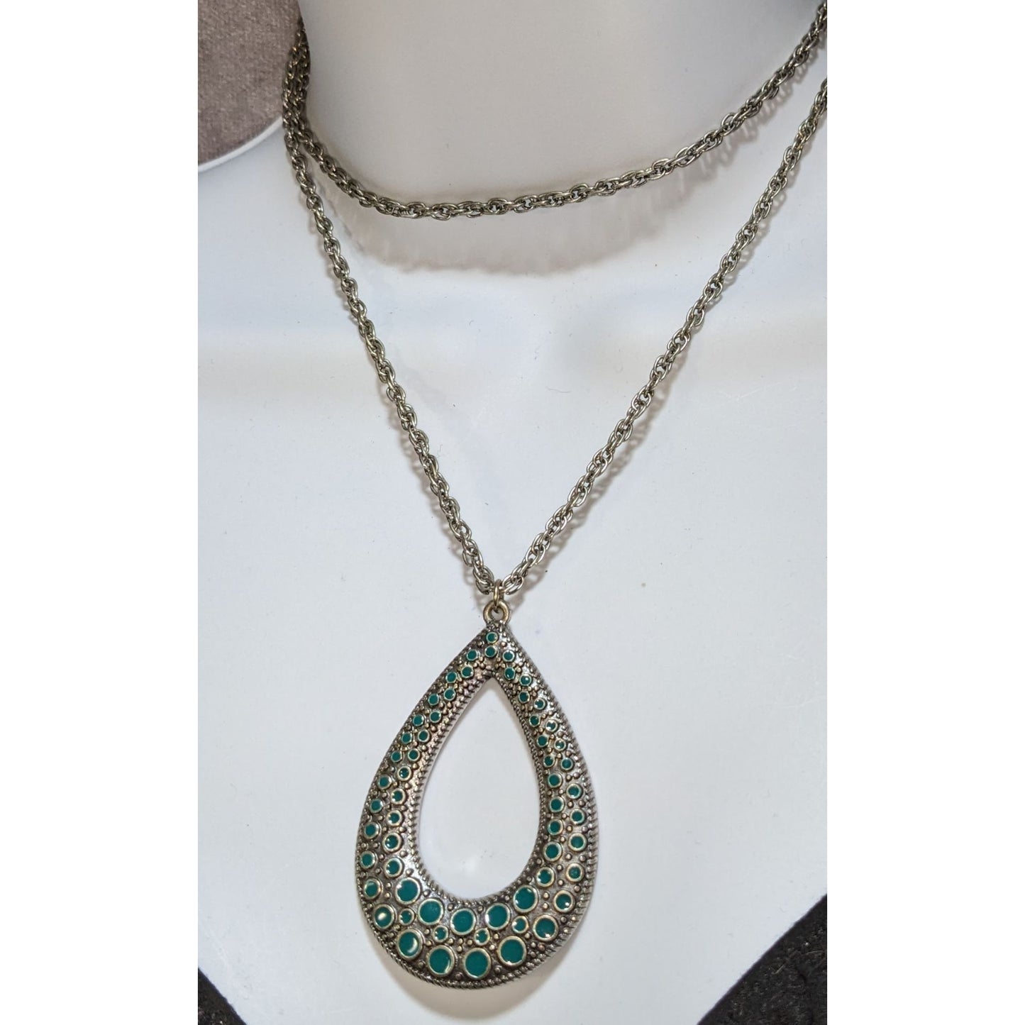 Turquoise Teardrop Pendant Necklace Silver Tone Boho Southwestern Statement Jewelr