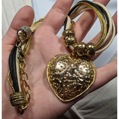 Funky Glam Textured Heart Gold Tone And Tan Pendant Necklace