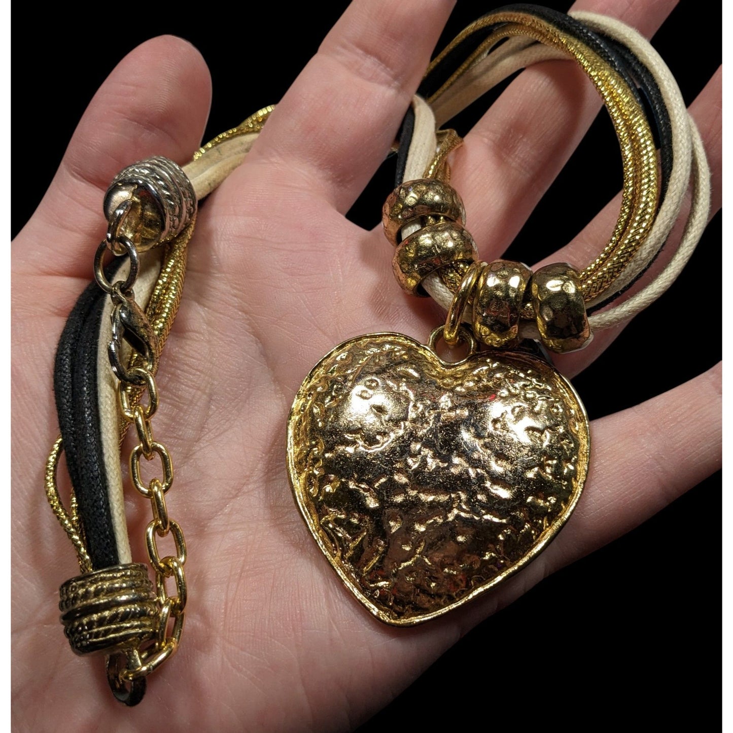 Funky Glam Textured Heart Gold Tone And Tan Pendant Necklace