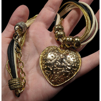 Funky Glam Textured Heart Gold Tone And Tan Pendant Necklace