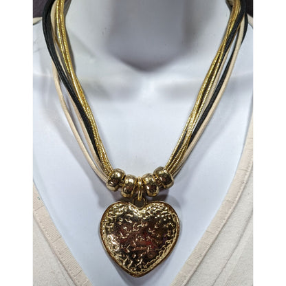 Funky Glam Textured Heart Gold Tone And Tan Pendant Necklace