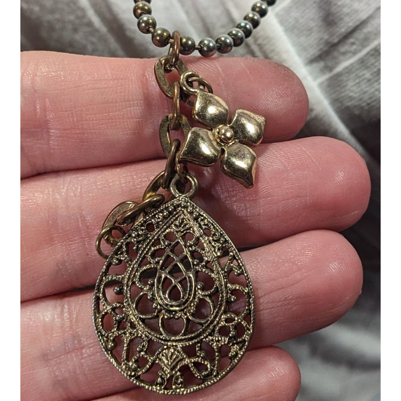 Bohemian Floral Gold Tone Charm Cluster Pendant Necklace