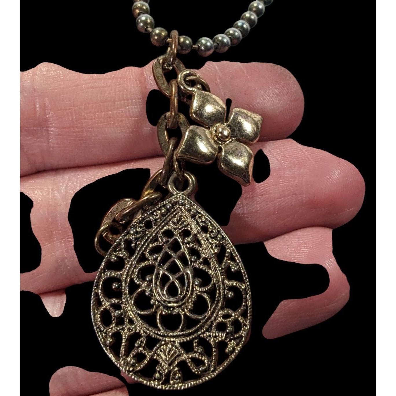 Bohemian Floral Gold Tone Charm Cluster Pendant Necklace