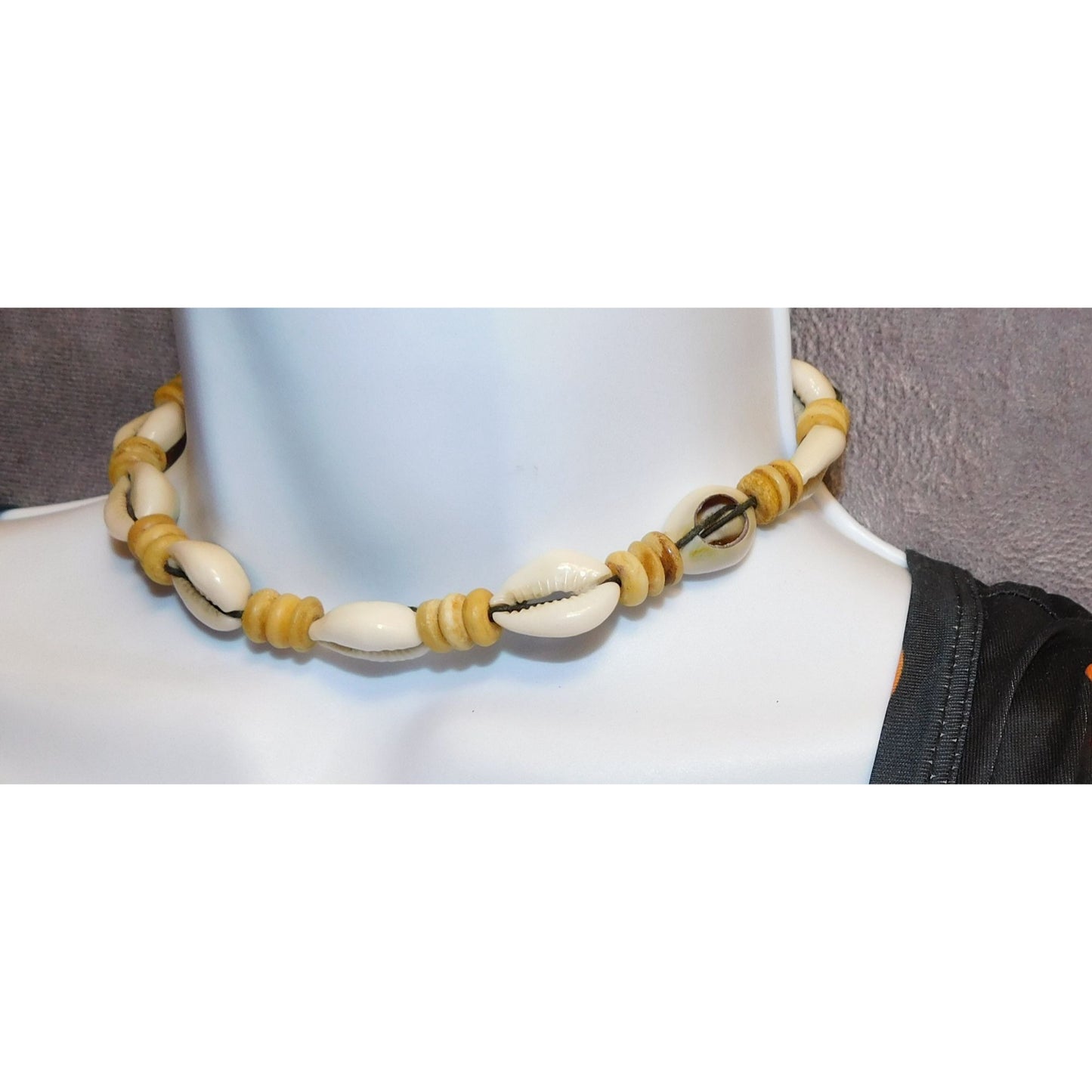 Vintage Beachy Sliced Cowrie Shell Tie On Necklace