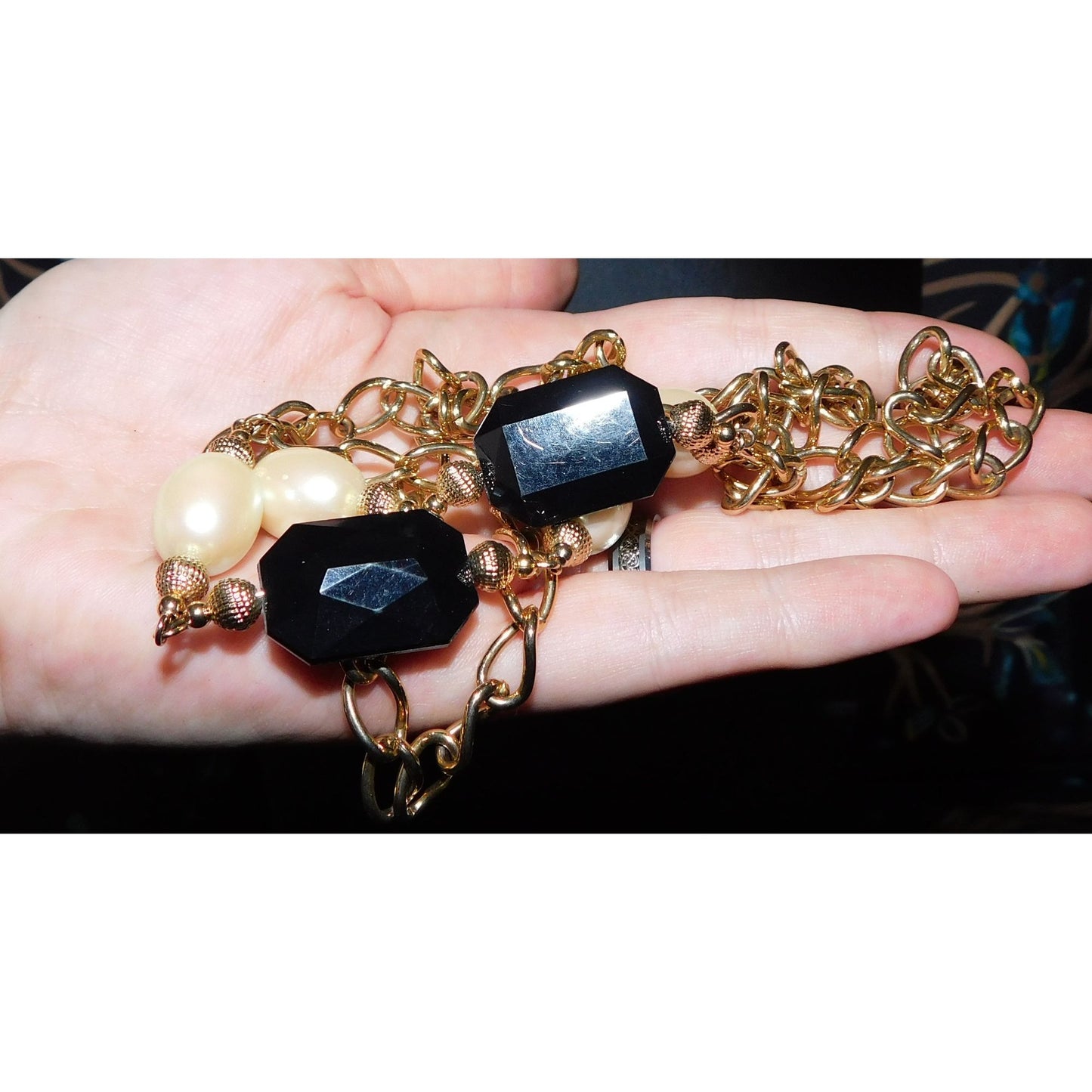 Elegant Black And White Beaded Station Necklace On Gold Tone Chain