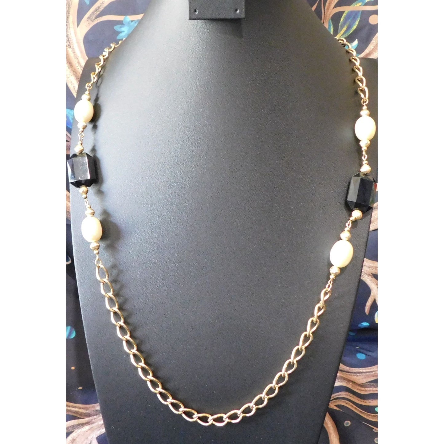 Elegant Black And White Beaded Station Necklace On Gold Tone Chain