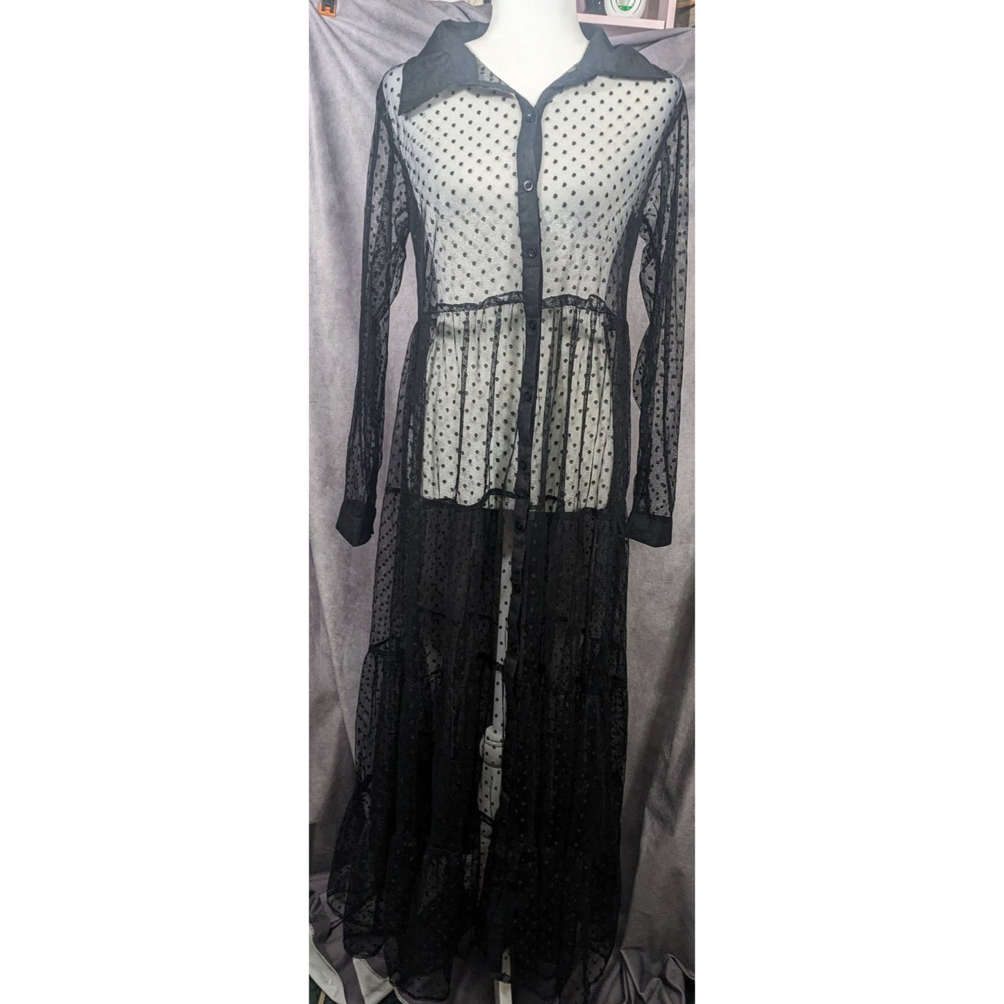 Vintage Spoon Jeans Sheer Black Polka Dot Maxi Dress