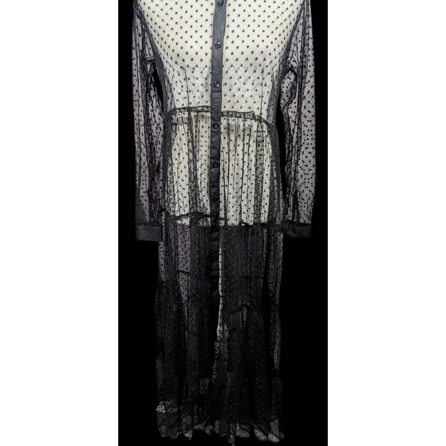 Vintage Spoon Jeans Sheer Black Polka Dot Maxi Dress