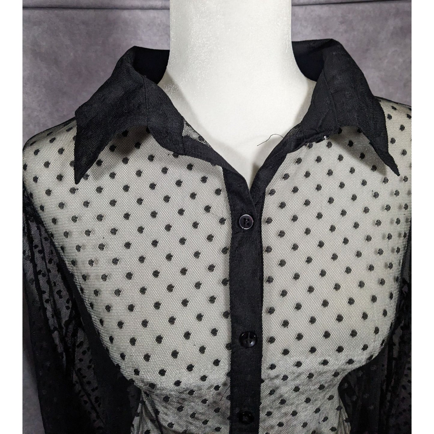 Vintage Spoon Jeans Sheer Black Polka Dot Maxi Dress