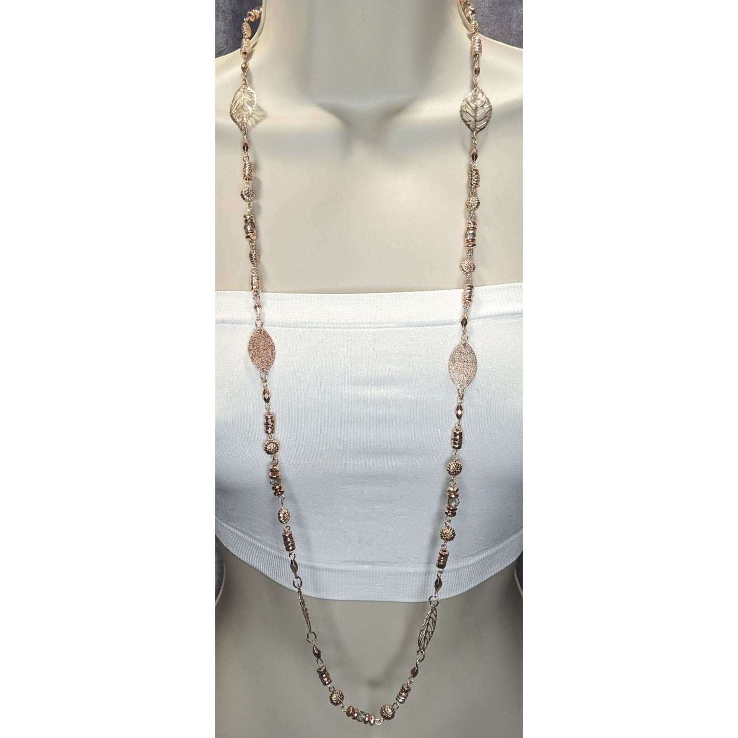 Charming Charlie Y2K Rose Gold Leaf & Bead Long Necklace