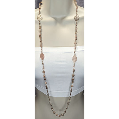 Charming Charlie Y2K Rose Gold Leaf & Bead Long Necklace