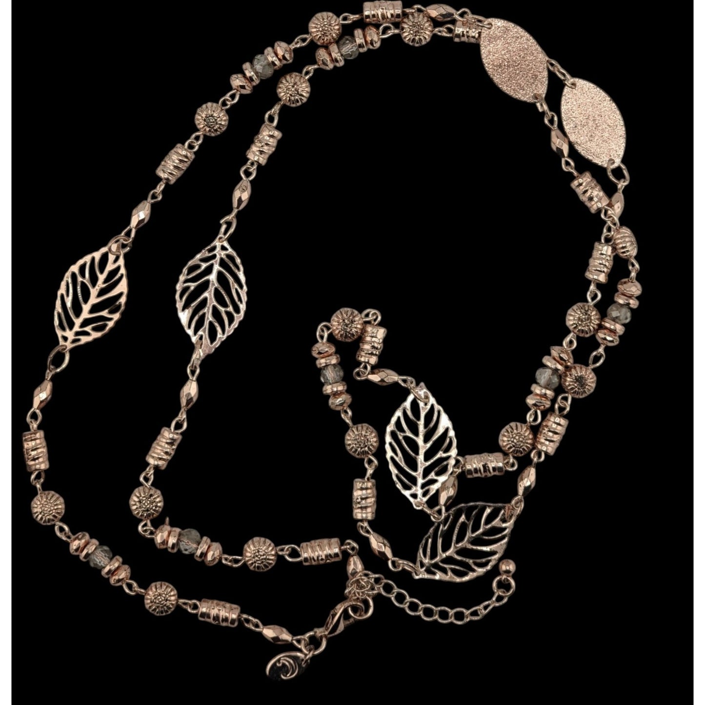Charming Charlie Y2K Rose Gold Leaf & Bead Long Necklace