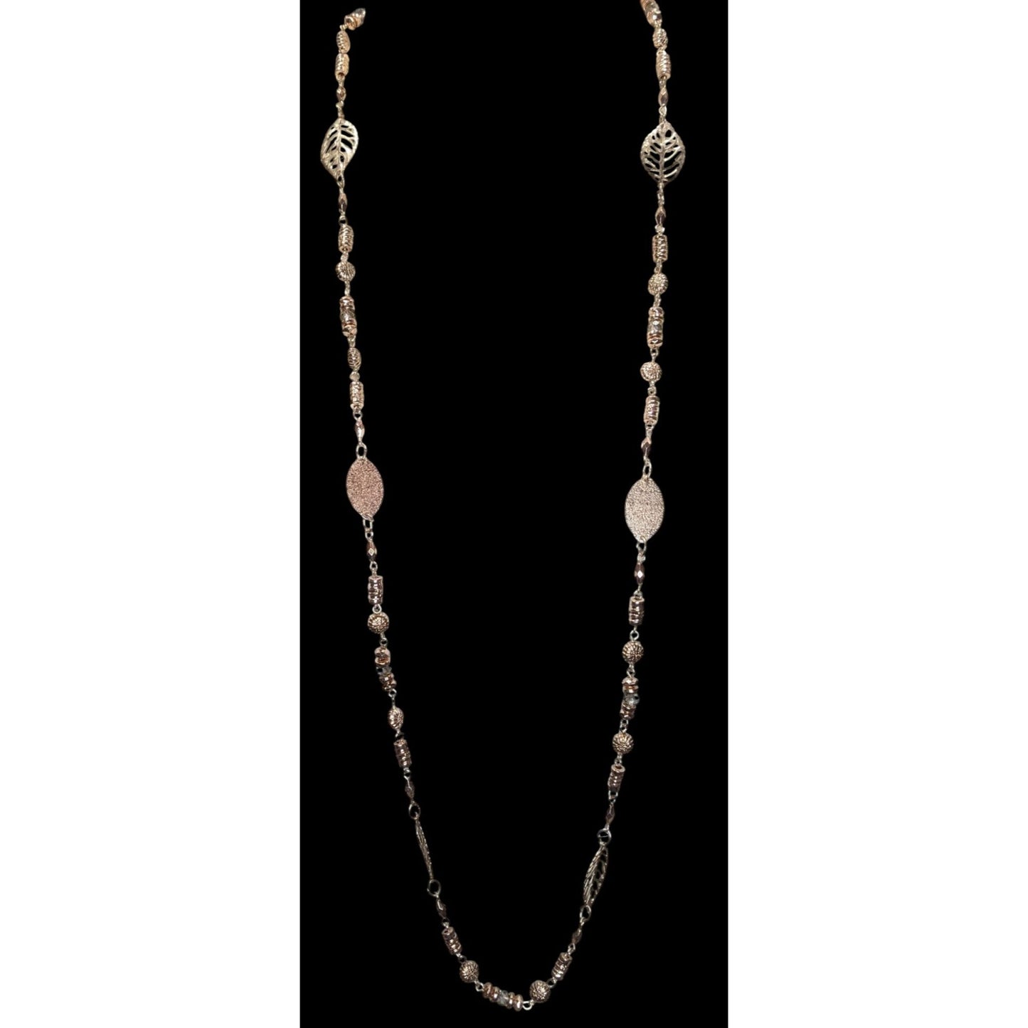 Charming Charlie Y2K Rose Gold Leaf & Bead Long Necklace