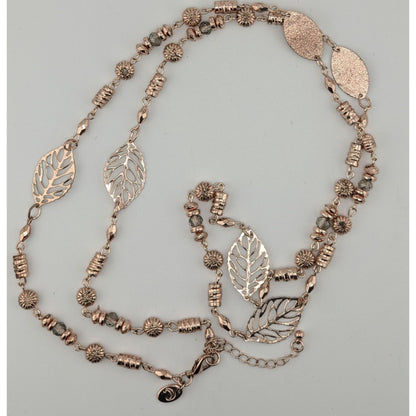 Charming Charlie Y2K Rose Gold Leaf & Bead Long Necklace