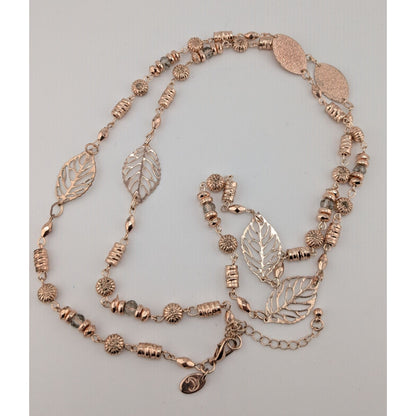 Charming Charlie Y2K Rose Gold Leaf & Bead Long Necklace