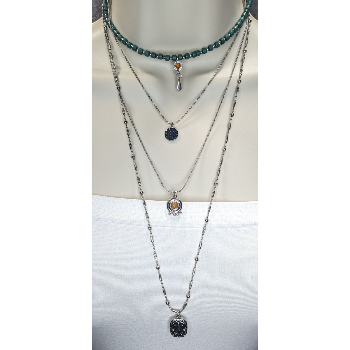 Boho Eclectic Layered Silver Tone Green Beaded Multi Pendant Necklace