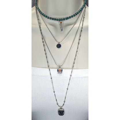 Boho Eclectic Layered Silver Tone Green Beaded Multi Pendant Necklace