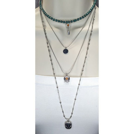 Boho Eclectic Layered Silver Tone Green Beaded Multi Pendant Necklace