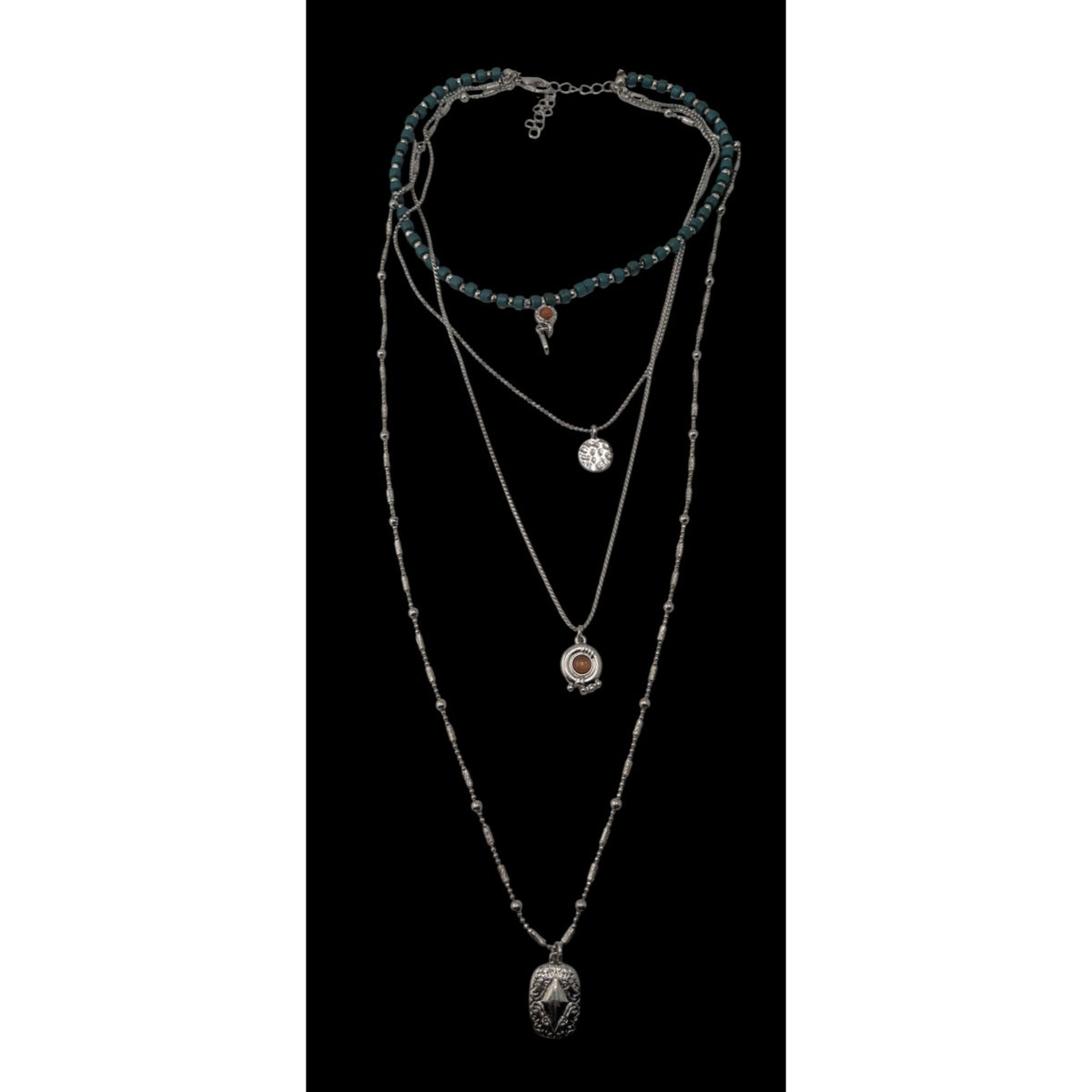 Boho Eclectic Layered Silver Tone Green Beaded Multi Pendant Necklace