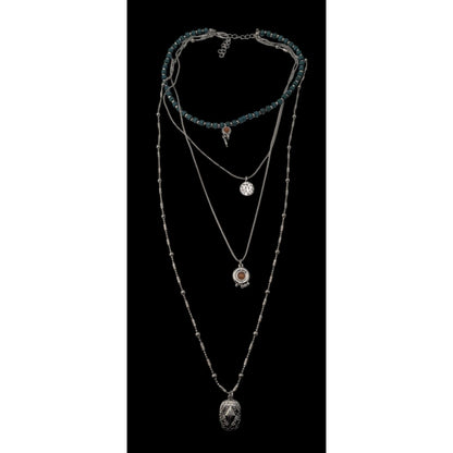 Boho Eclectic Layered Silver Tone Green Beaded Multi Pendant Necklace