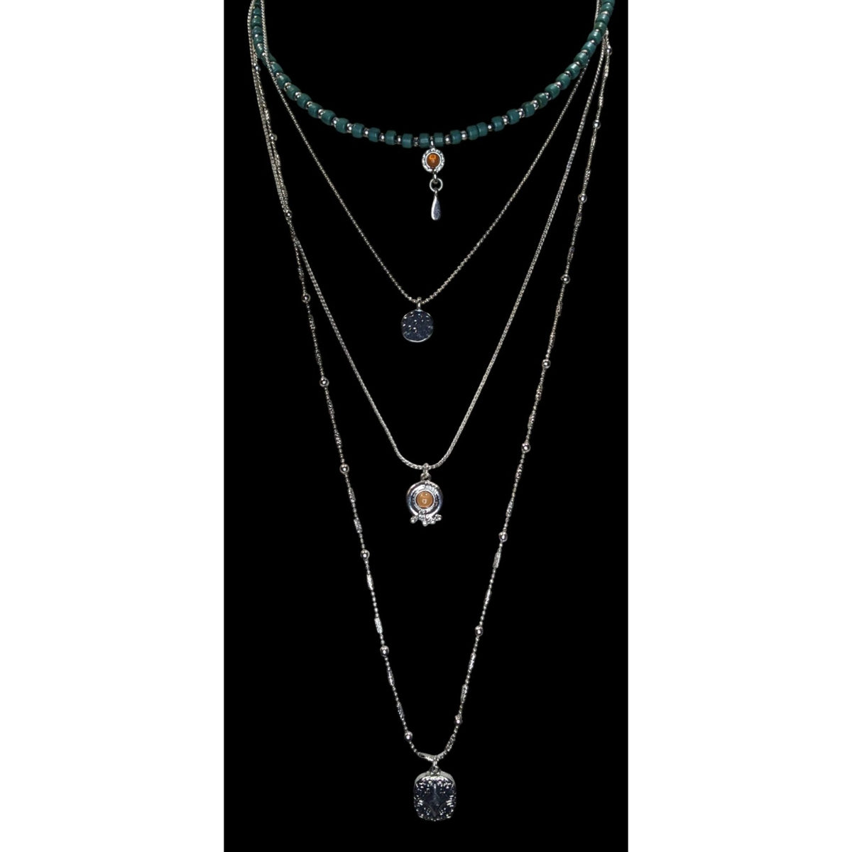 Boho Eclectic Layered Silver Tone Green Beaded Multi Pendant Necklace