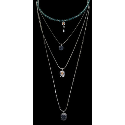 Boho Eclectic Layered Silver Tone Green Beaded Multi Pendant Necklace