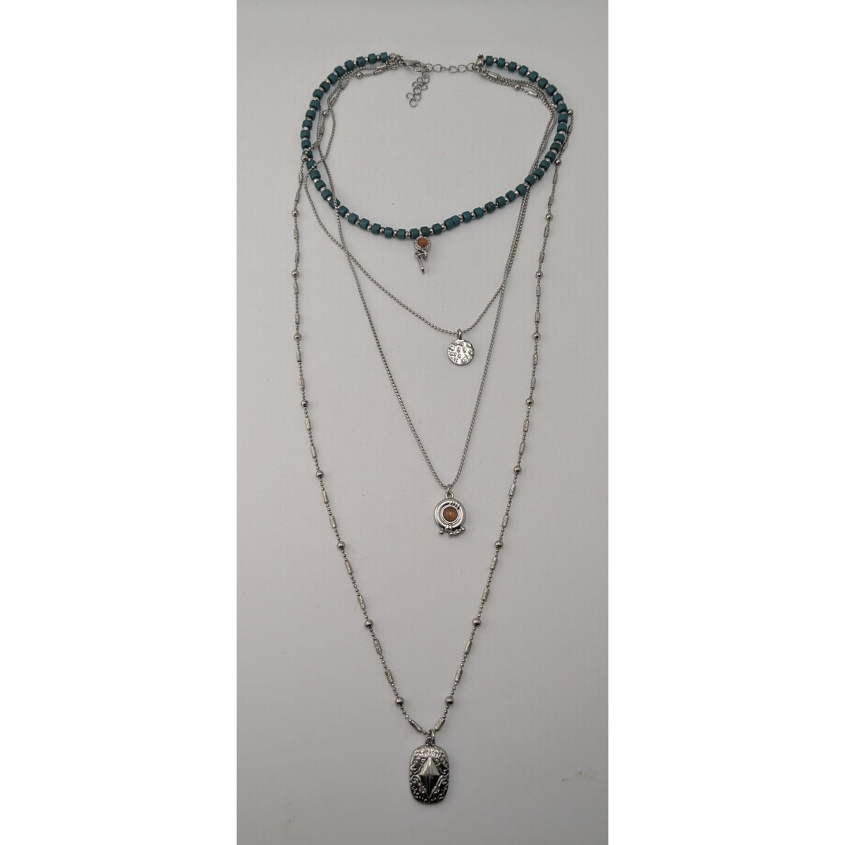 Boho Eclectic Layered Silver Tone Green Beaded Multi Pendant Necklace