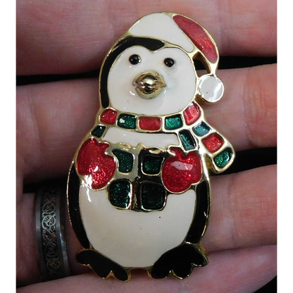Vintage Christmas Penguin Holding Present Brooch