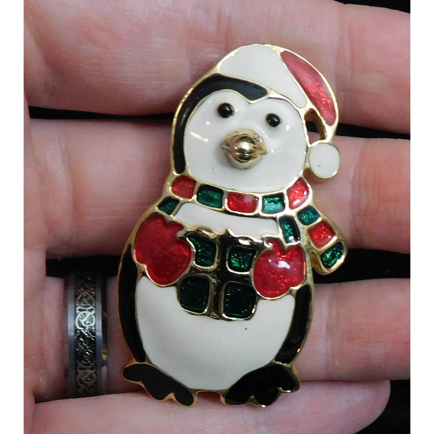 Vintage Christmas Penguin Holding Present Brooch
