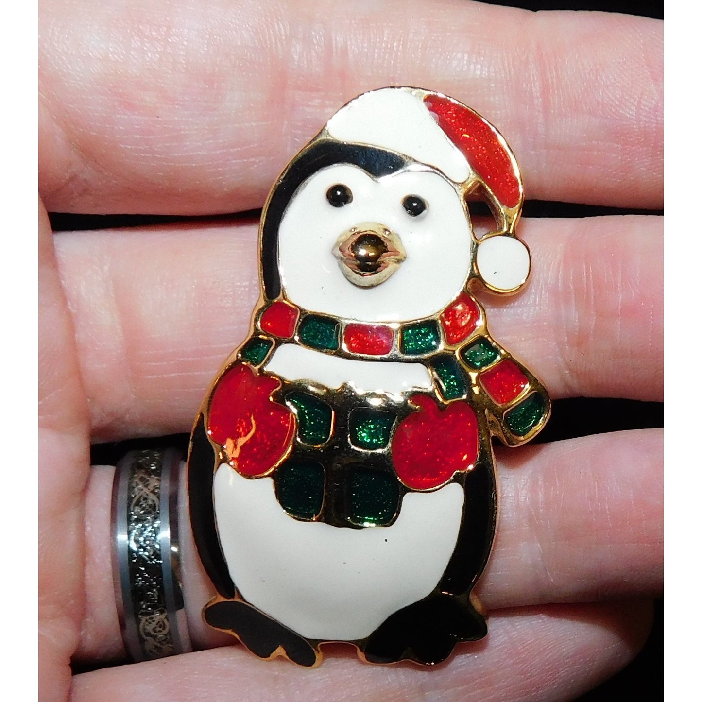 Vintage Christmas Penguin Holding Present Brooch