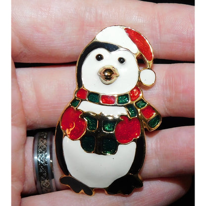 Vintage Christmas Penguin Holding Present Brooch