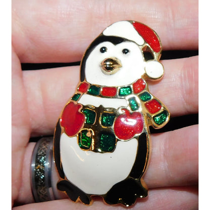 Vintage Christmas Penguin Holding Present Brooch