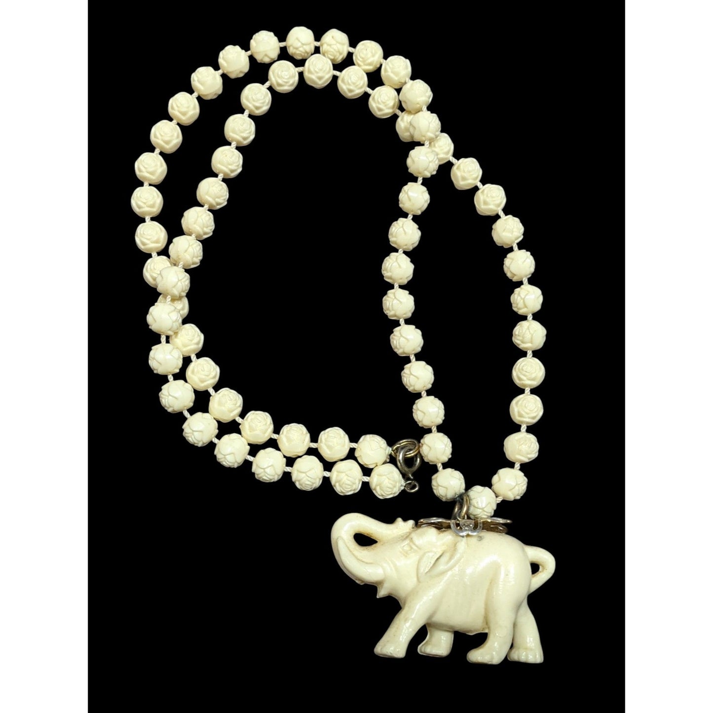 Vintage 60s Celluloid Elephant Pendant Necklace With Flower Beads