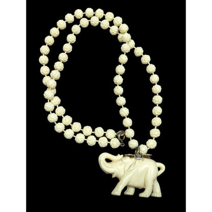 Vintage 60s Celluloid Elephant Pendant Necklace With Flower Beads