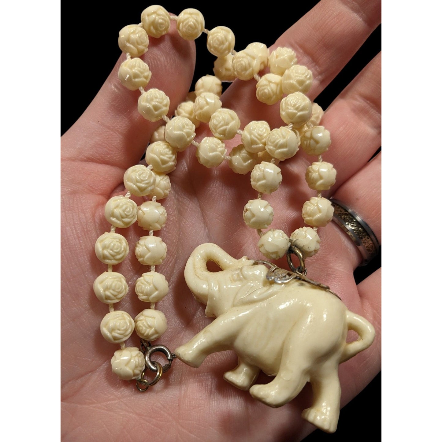 Vintage 60s Celluloid Elephant Pendant Necklace With Flower Beads